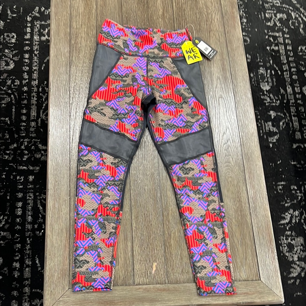 Zumba Fitness Red and Purple Leggings Dynamic Camouflage Design
